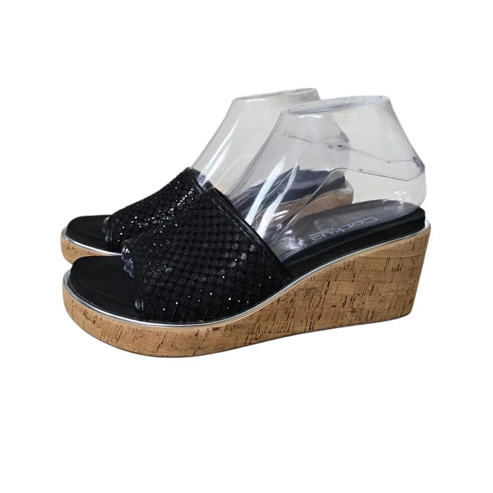 Corkys Footwear Womens Black Mesh Wedge Slide Sandals Cork Heel Size 8